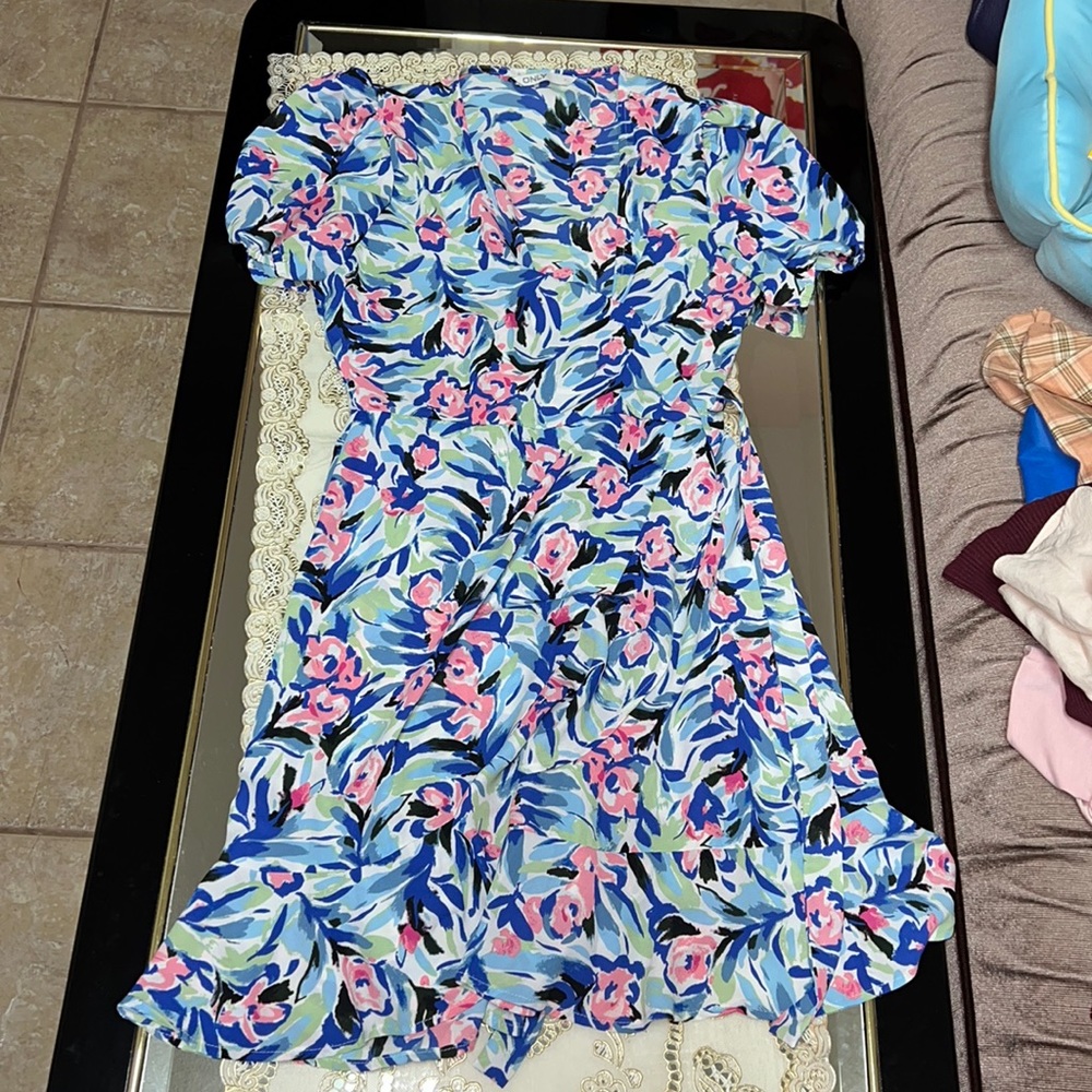 Blue and pink floral wrap dress